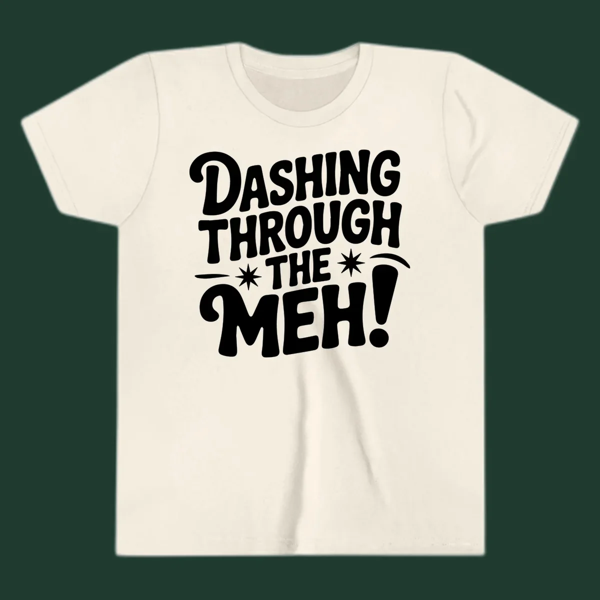 Dashing through the meh typography graphic on black background.