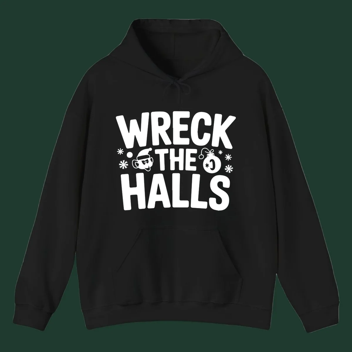 Wreck the Halls Christmas phrase with cartoon Santa hat face and ornament graphic.