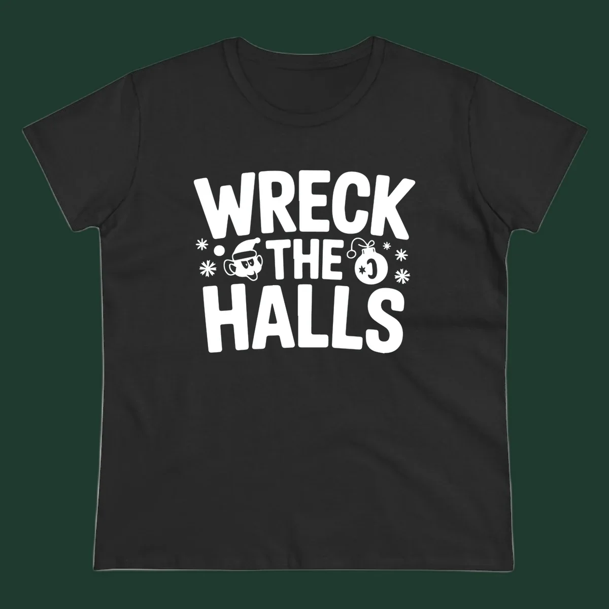 Wreck the Halls Christmas phrase with cartoon Santa hat face and ornament graphic.