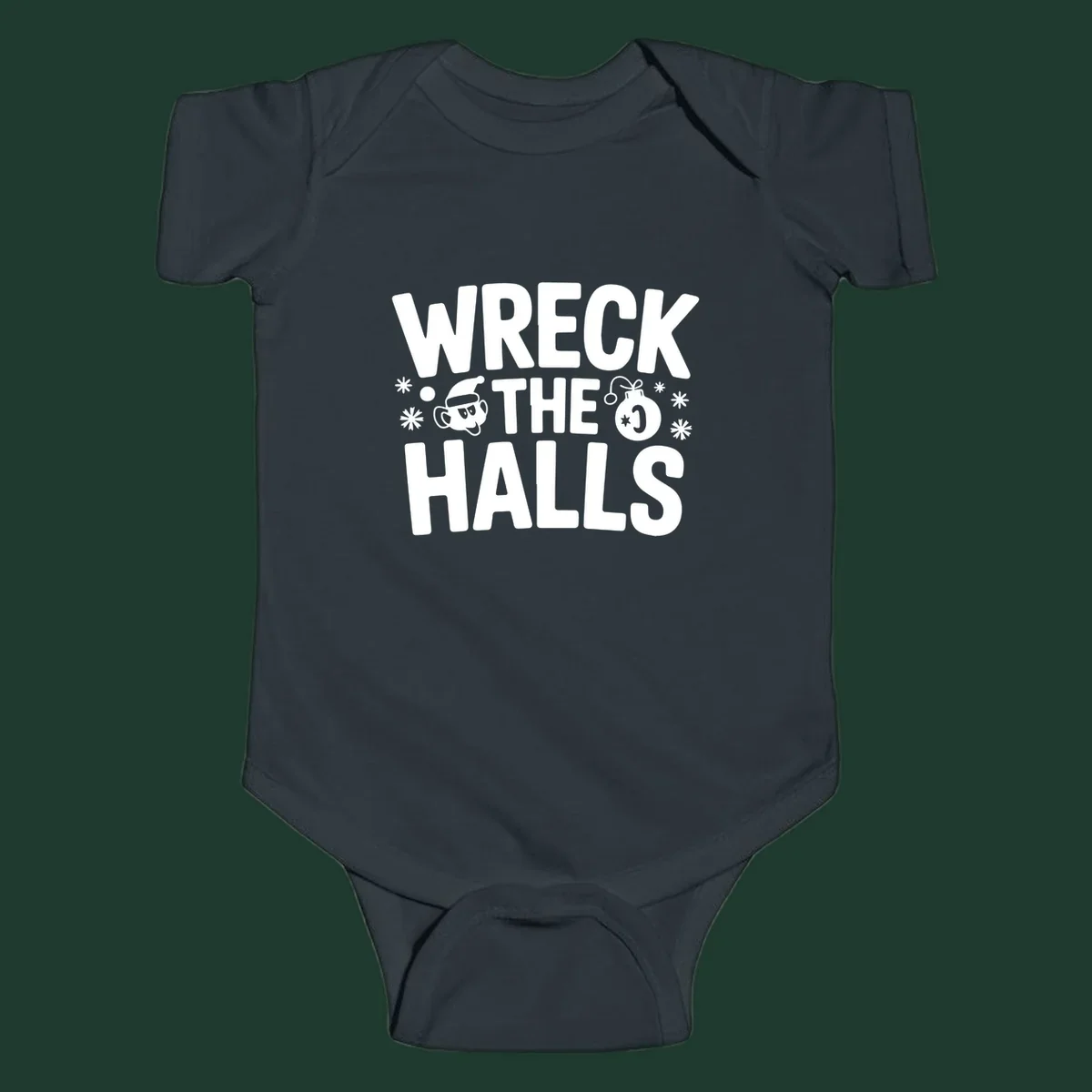 Wreck the Halls Christmas phrase with cartoon Santa hat face and ornament graphic.