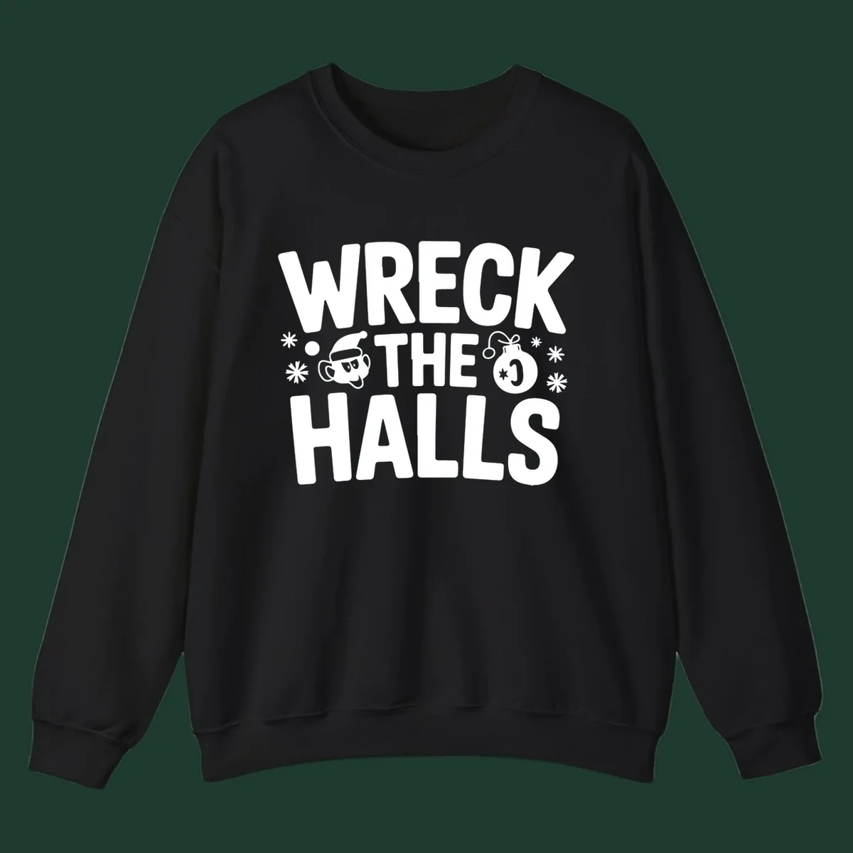 Wreck the Halls Christmas phrase with cartoon Santa hat face and ornament graphic.