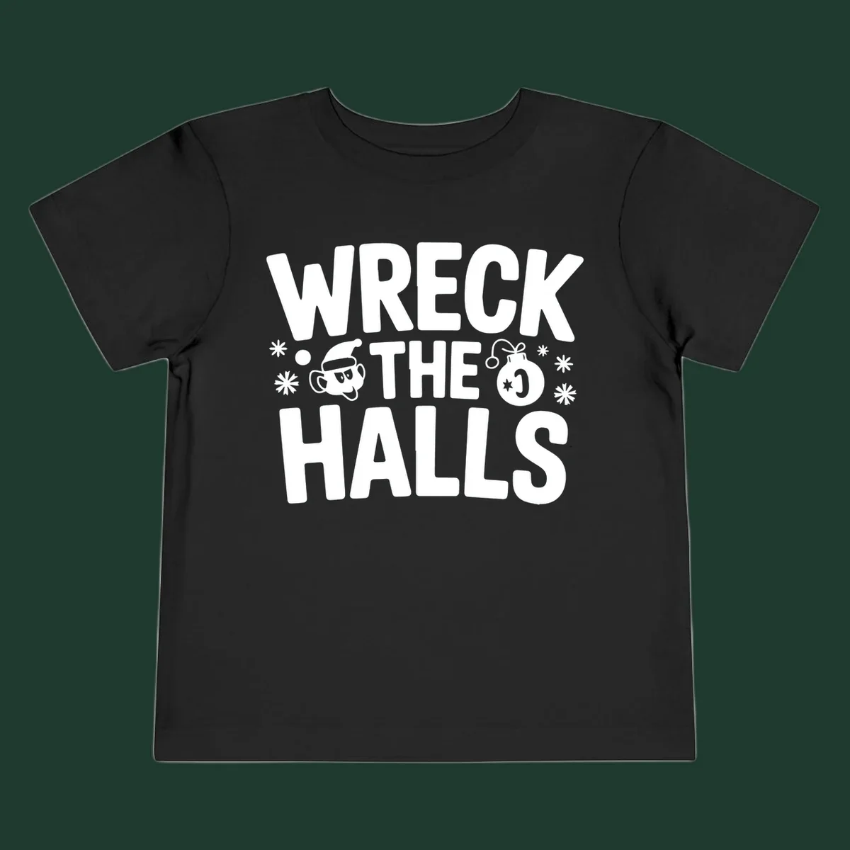 Wreck the Halls Christmas phrase with cartoon Santa hat face and ornament graphic.
