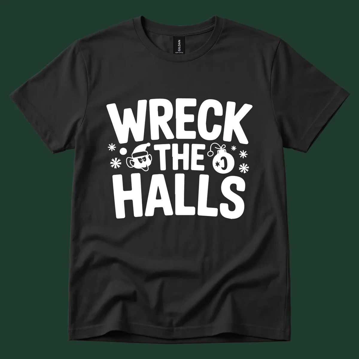 Wreck the Halls Christmas phrase with cartoon Santa hat face and ornament graphic.