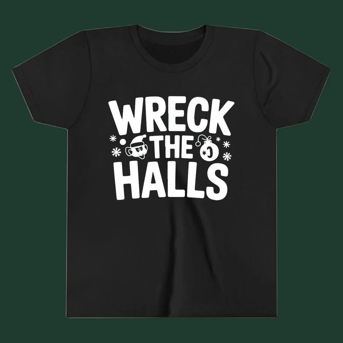 Wreck the Halls Christmas phrase with cartoon Santa hat face and ornament graphic.