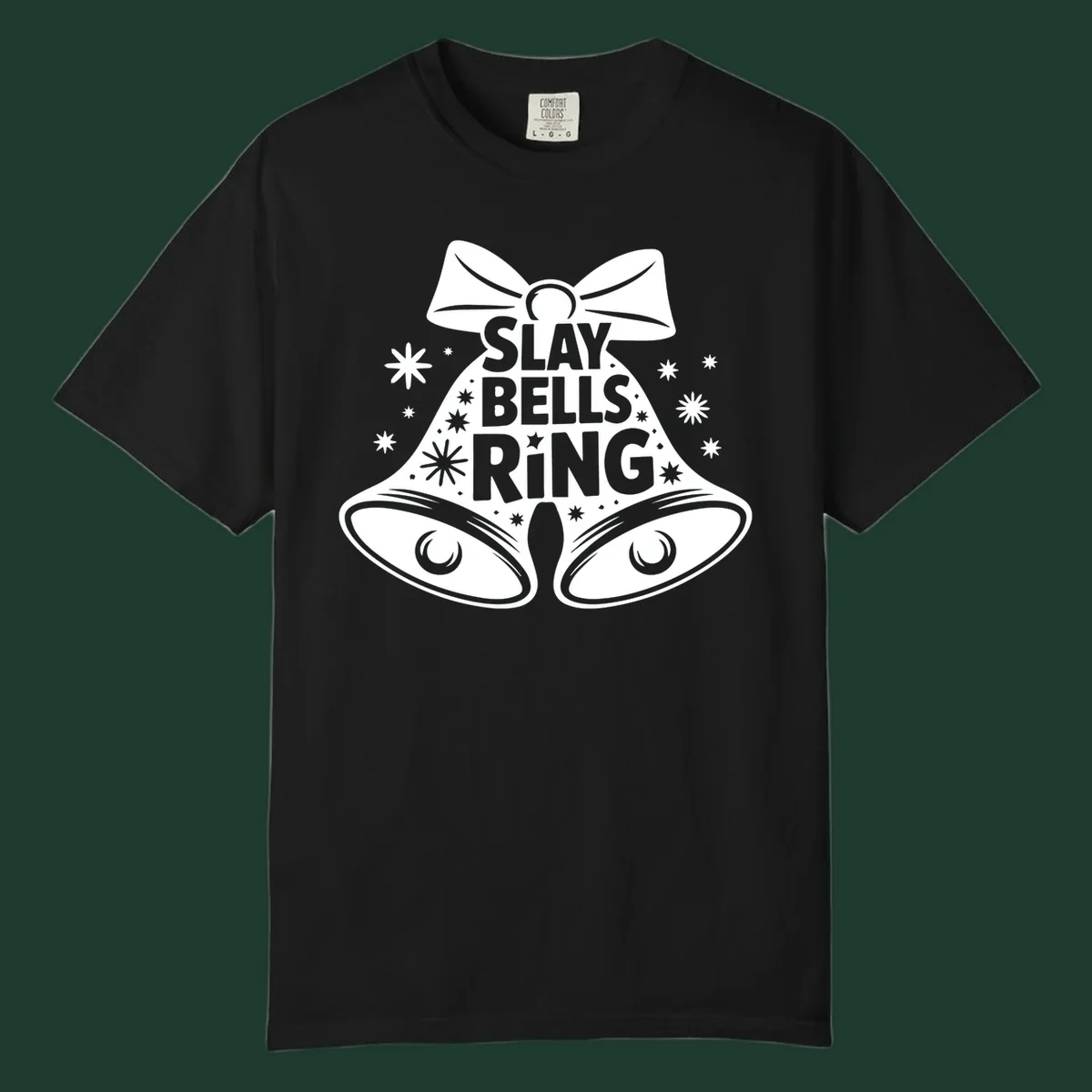 Slay Bells Ring graphic with bells, bow, and stars.