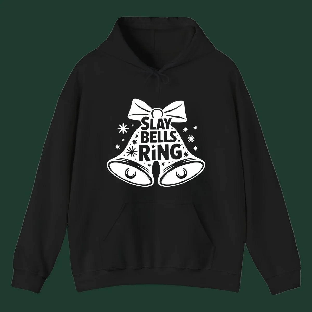 Slay Bells Ring graphic with bells, bow, and stars.