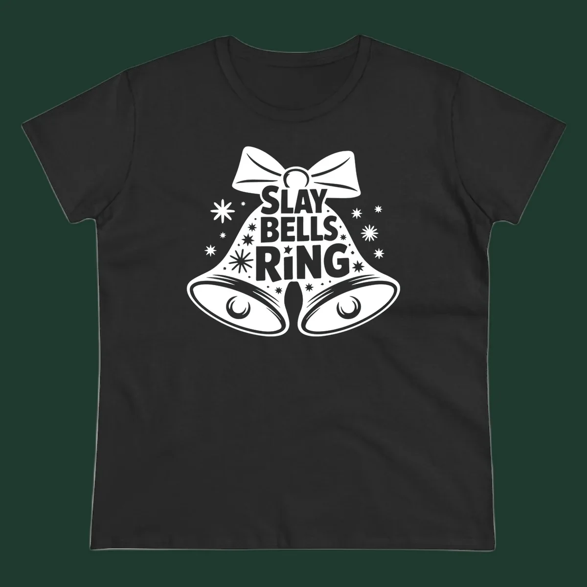 Slay Bells Ring graphic with bells, bow, and stars.