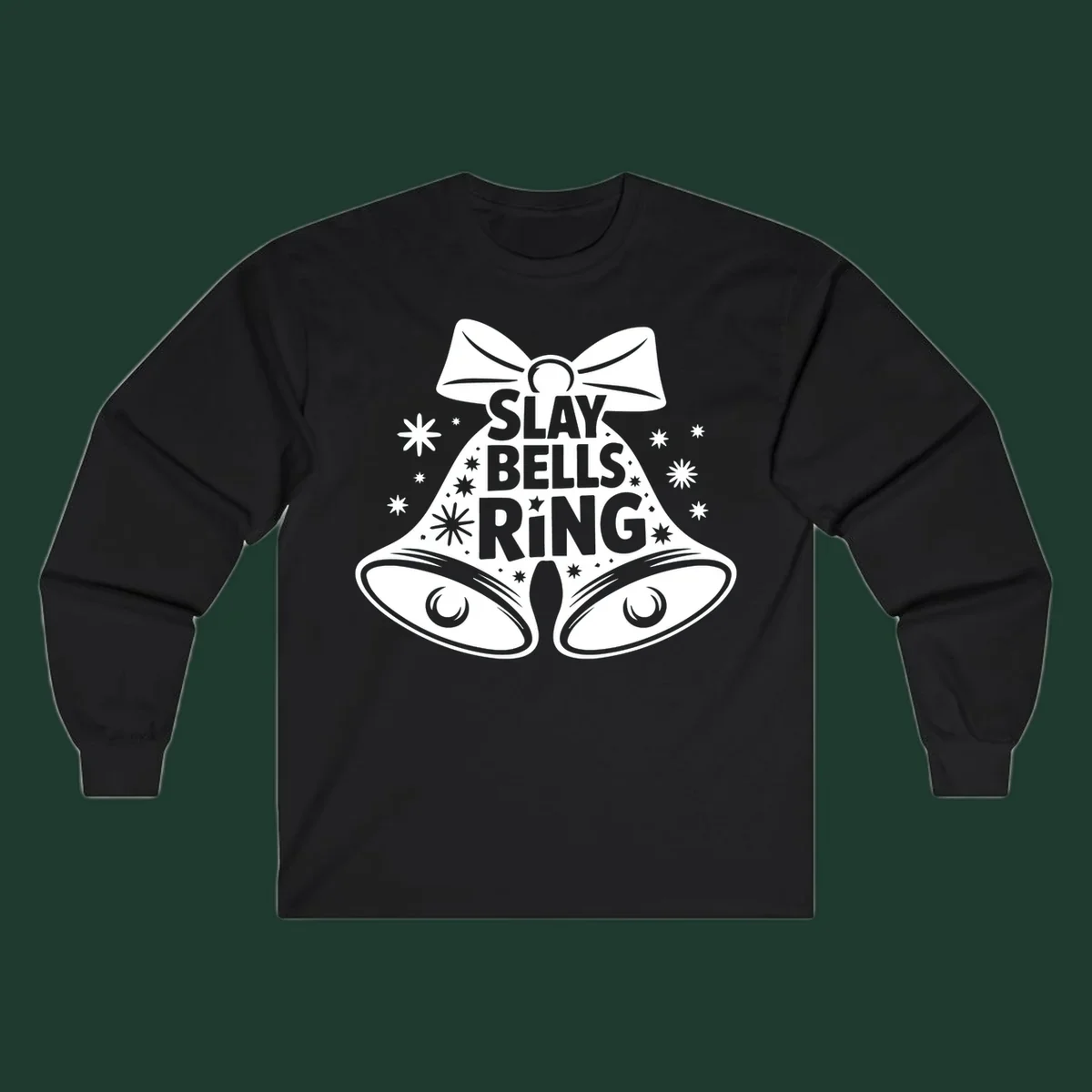 Slay Bells Ring graphic with bells, bow, and stars.
