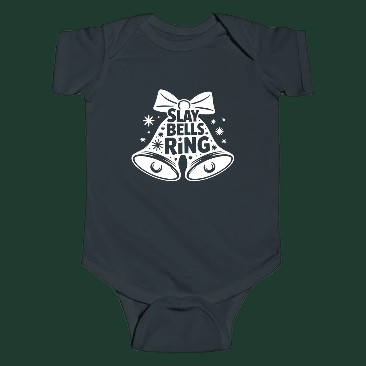 Slay Bells Ring graphic with bells, bow, and stars.