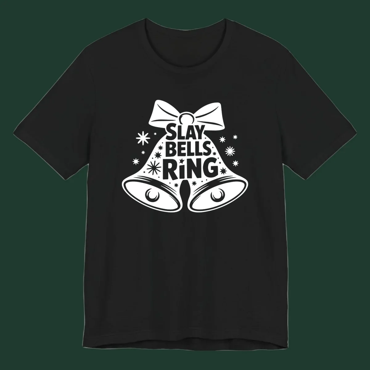 Slay Bells Ring graphic with bells, bow, and stars.