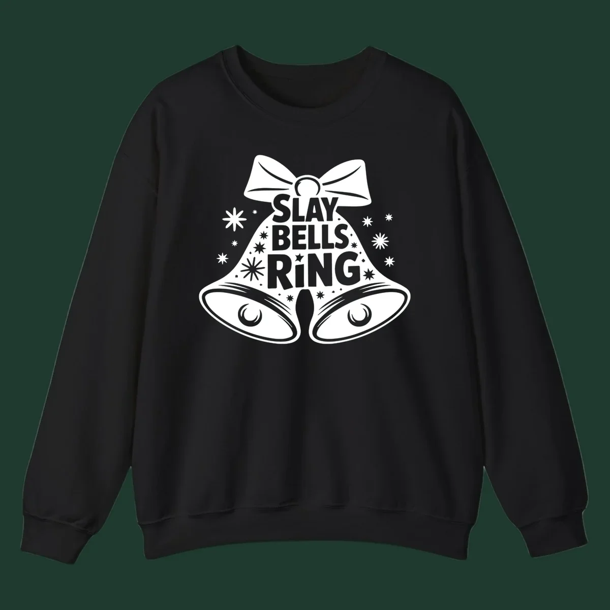 Slay Bells Ring graphic with bells, bow, and stars.