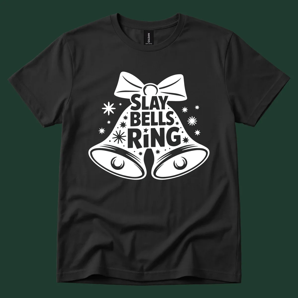 Slay Bells Ring graphic with bells, bow, and stars.