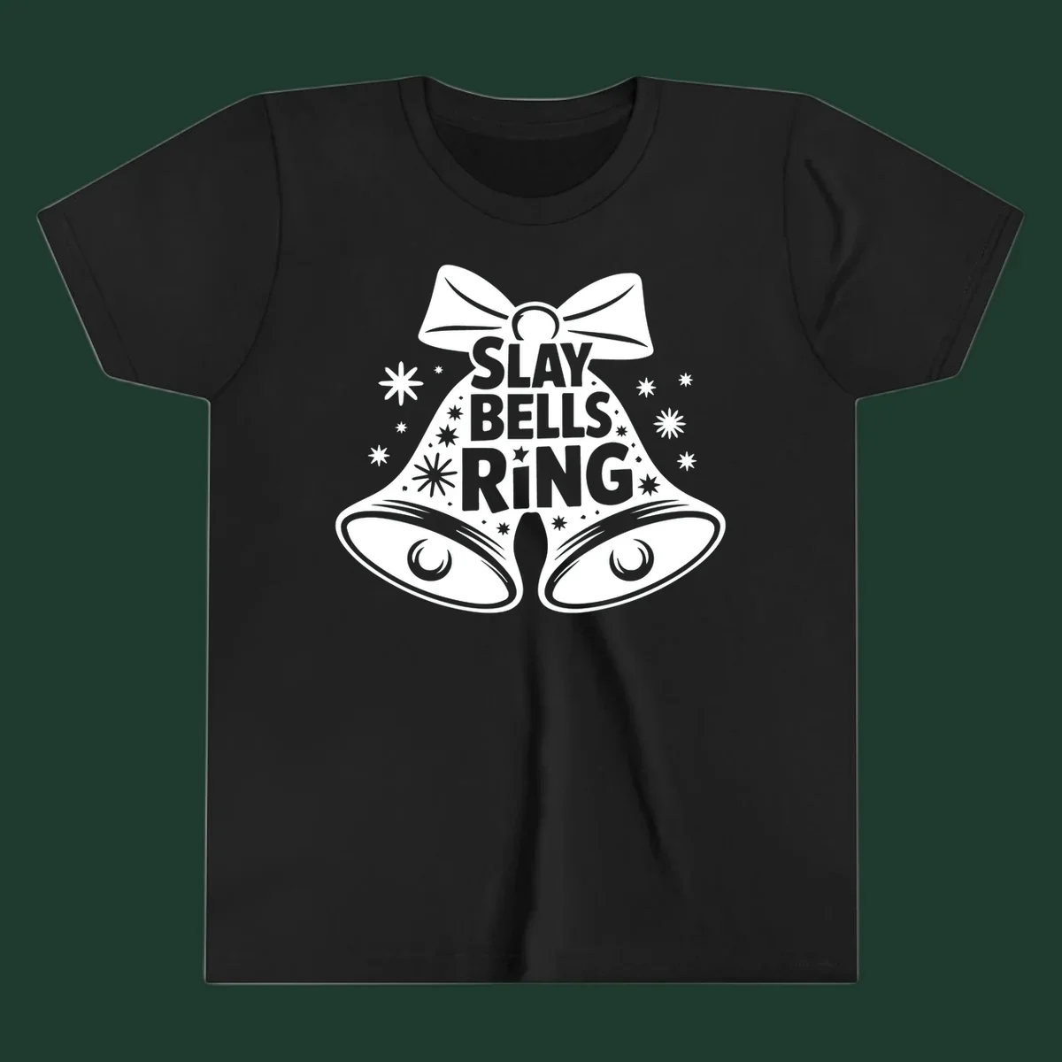 Slay Bells Ring graphic with bells, bow, and stars.