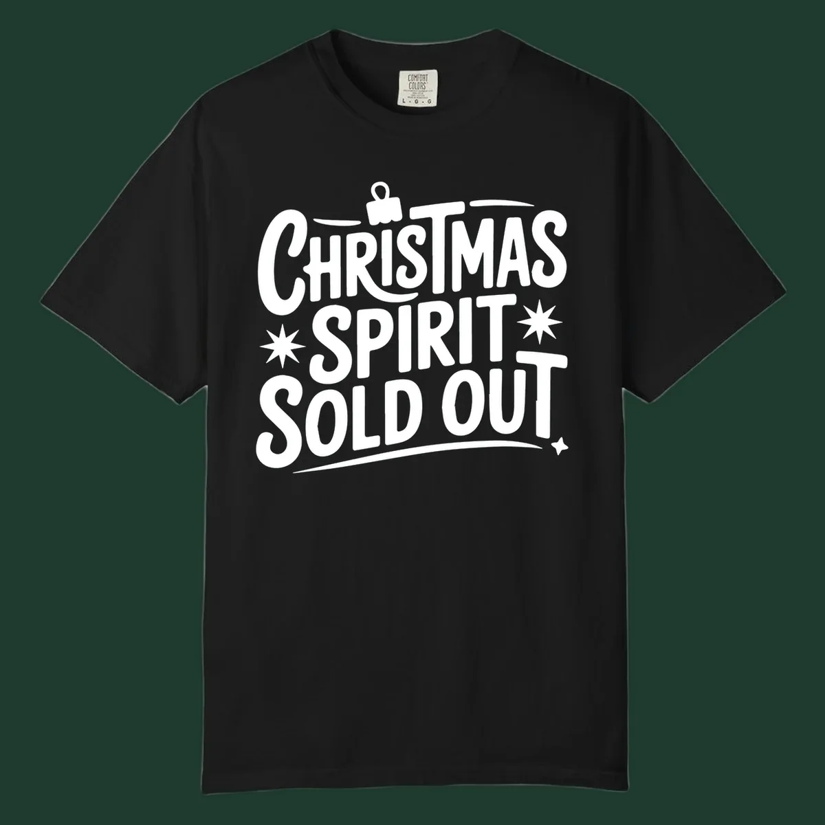 White text graphic: Christmas Spirit Sold Out, with ornament and starburst details.