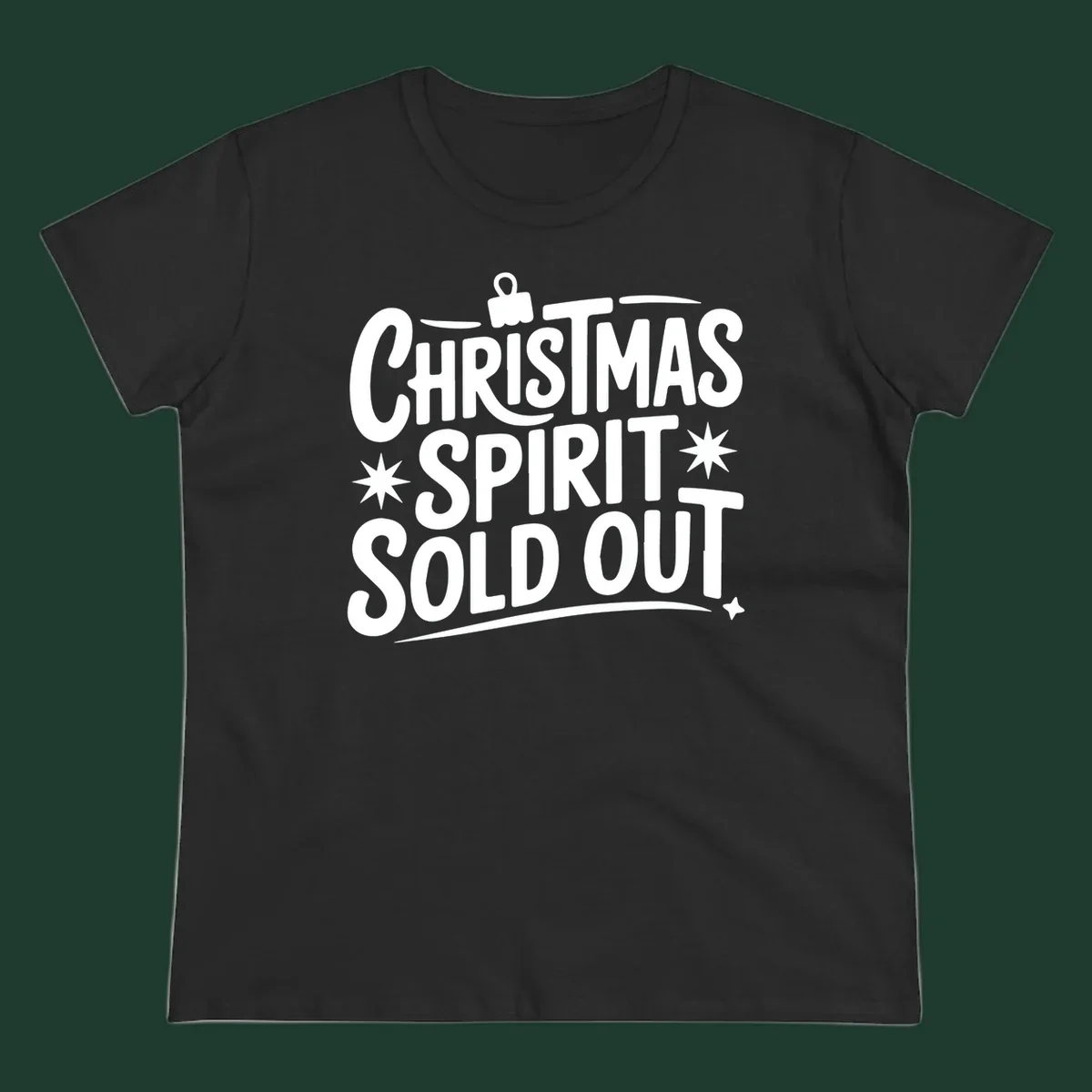 White text graphic: Christmas Spirit Sold Out, with ornament and starburst details.