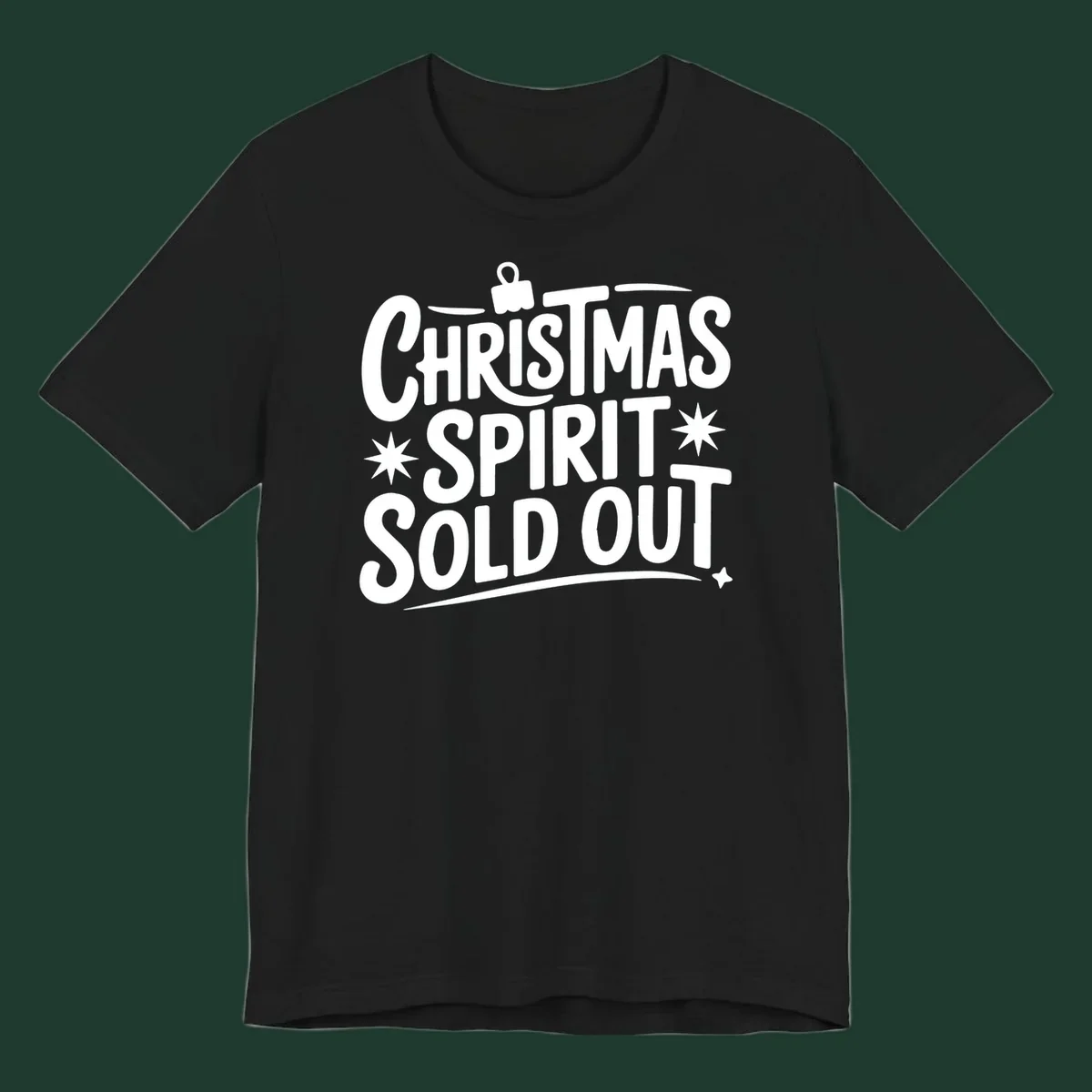 White text graphic: Christmas Spirit Sold Out, with ornament and starburst details.