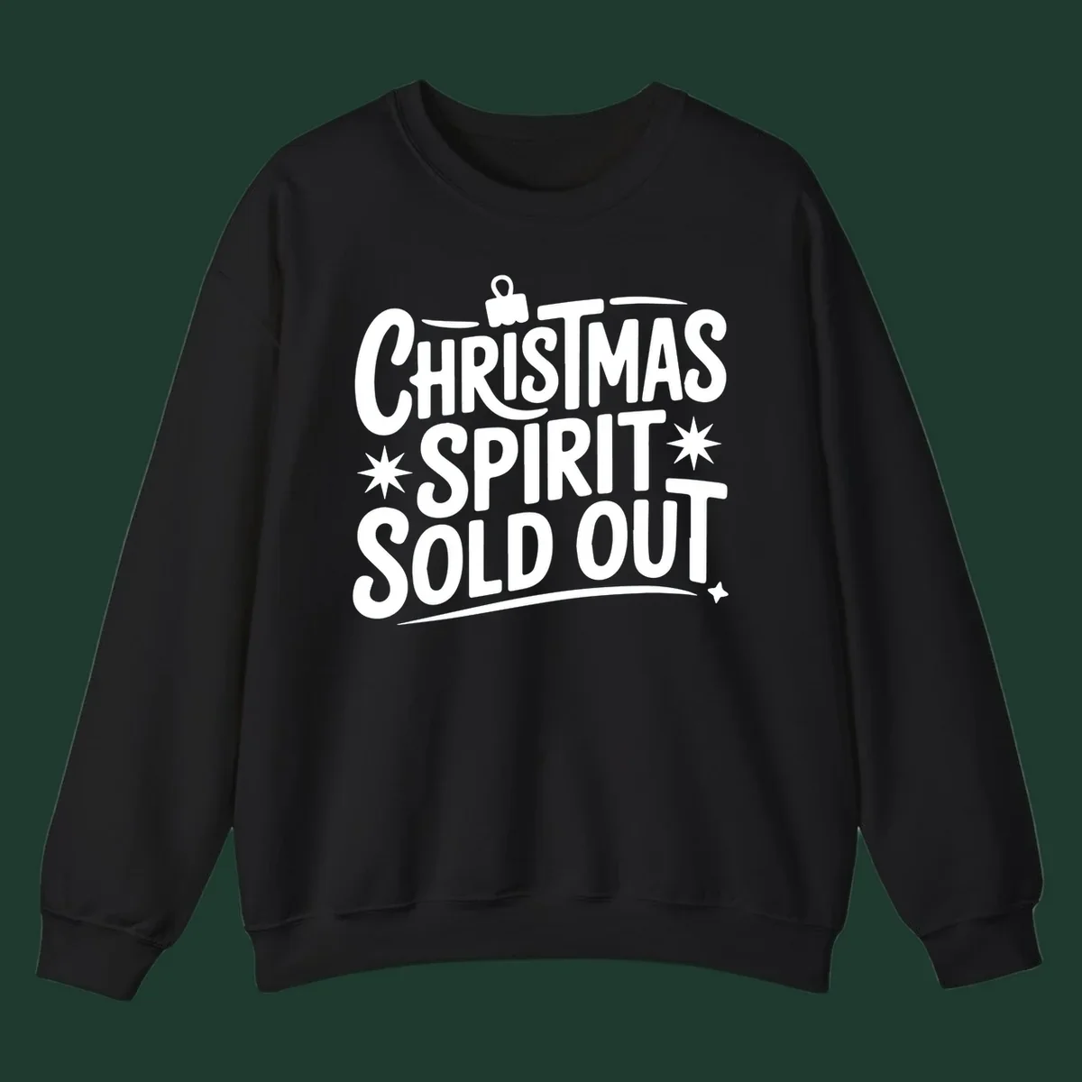 White text graphic: Christmas Spirit Sold Out, with ornament and starburst details.