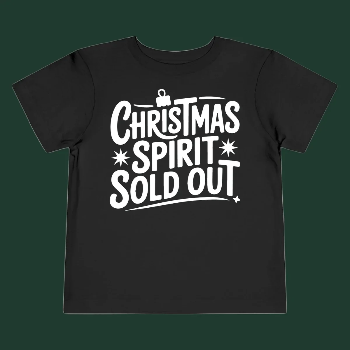 White text graphic: Christmas Spirit Sold Out, with ornament and starburst details.
