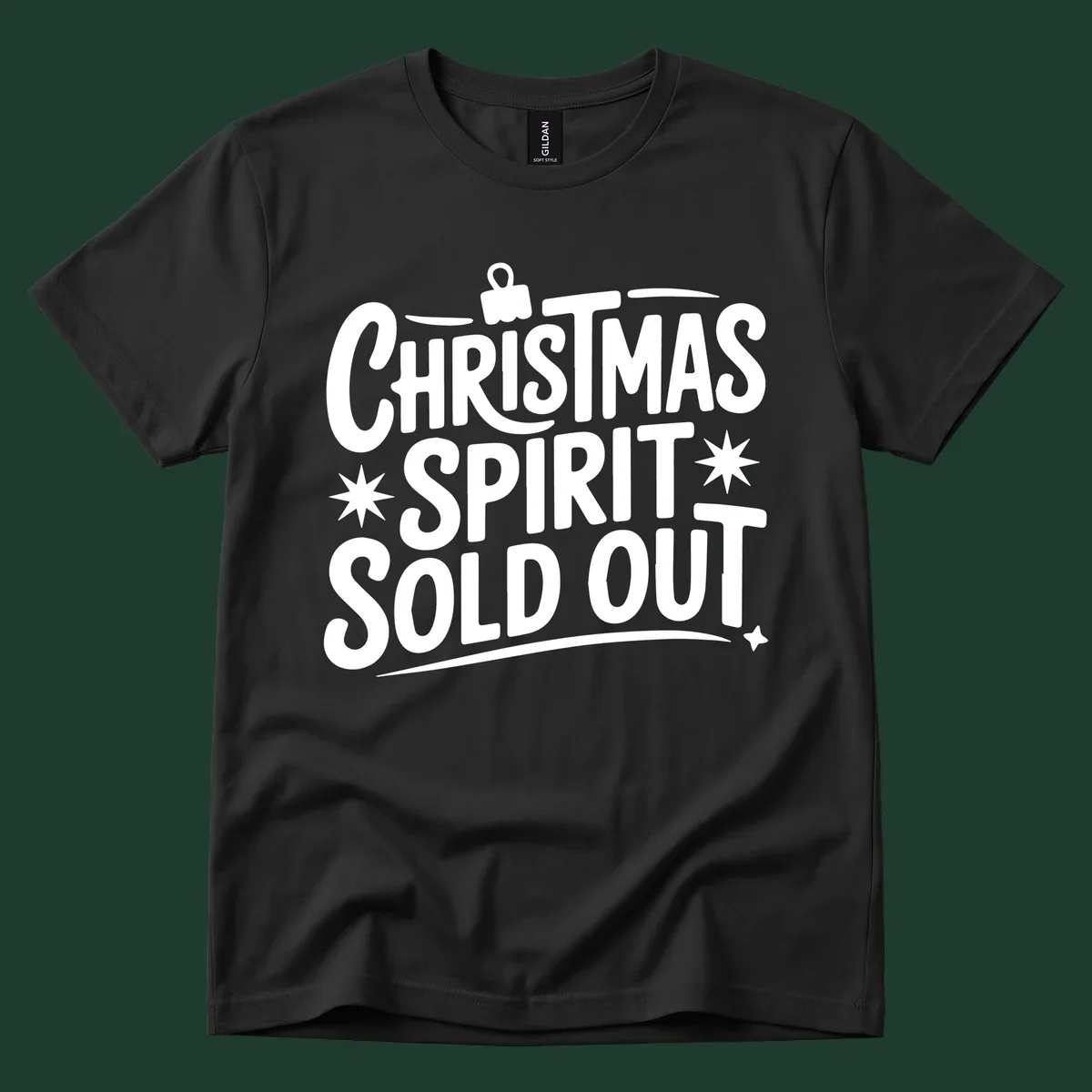 White text graphic: Christmas Spirit Sold Out, with ornament and starburst details.