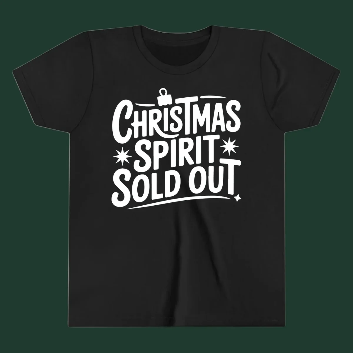 White text graphic: Christmas Spirit Sold Out, with ornament and starburst details.