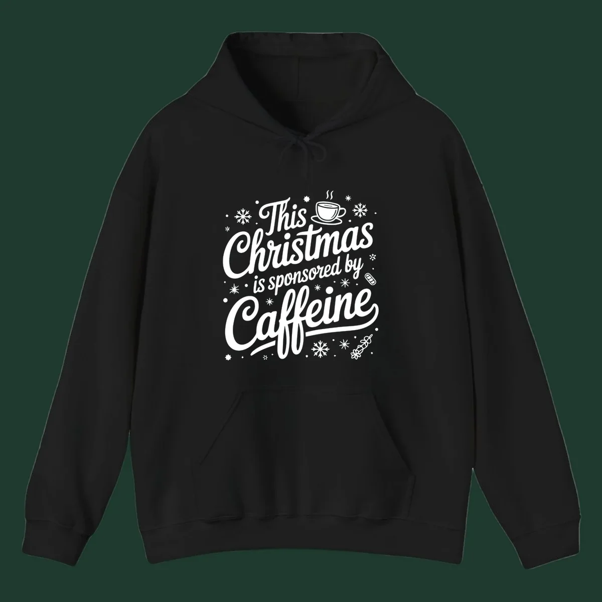 Christmas typography design with "This Christmas is sponsored by Caffeine" and holiday elements.