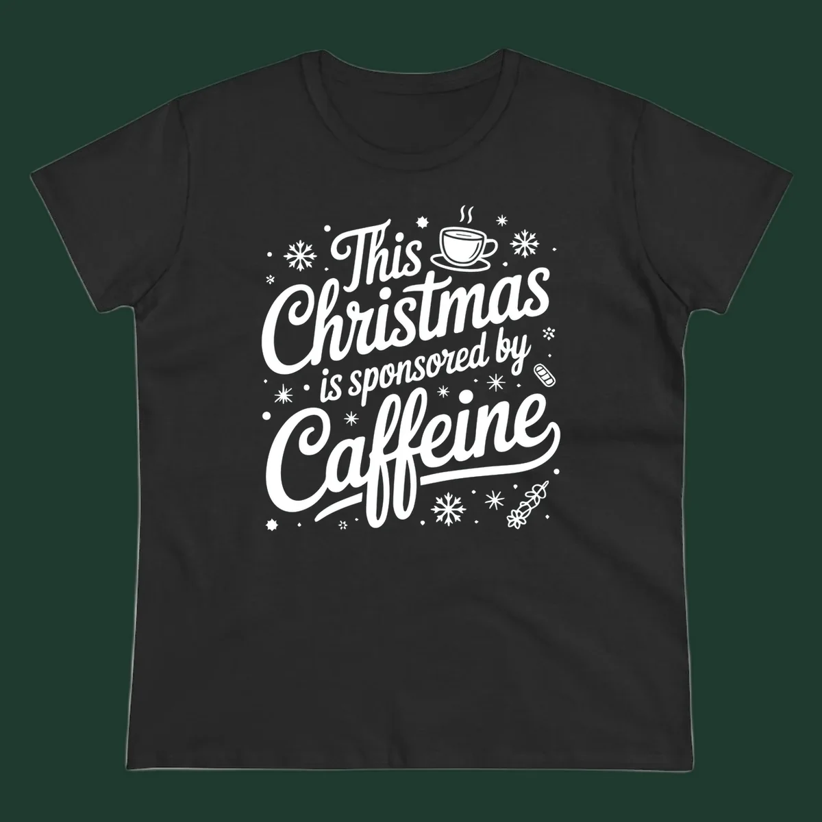 Christmas typography design with "This Christmas is sponsored by Caffeine" and holiday elements.