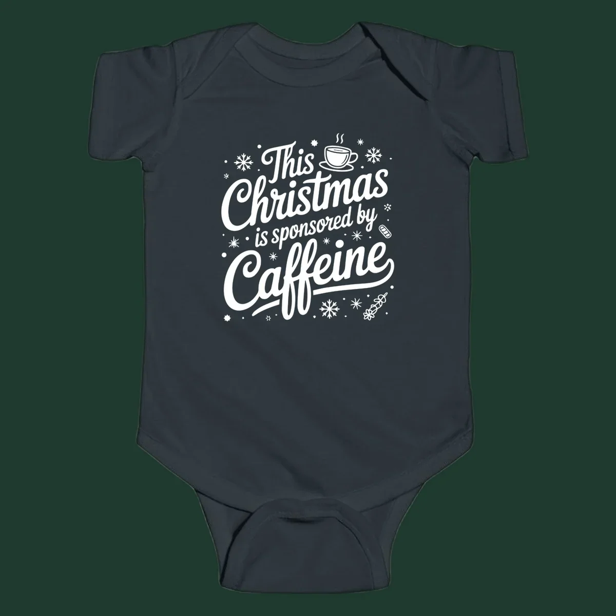 Christmas typography design with "This Christmas is sponsored by Caffeine" and holiday elements.