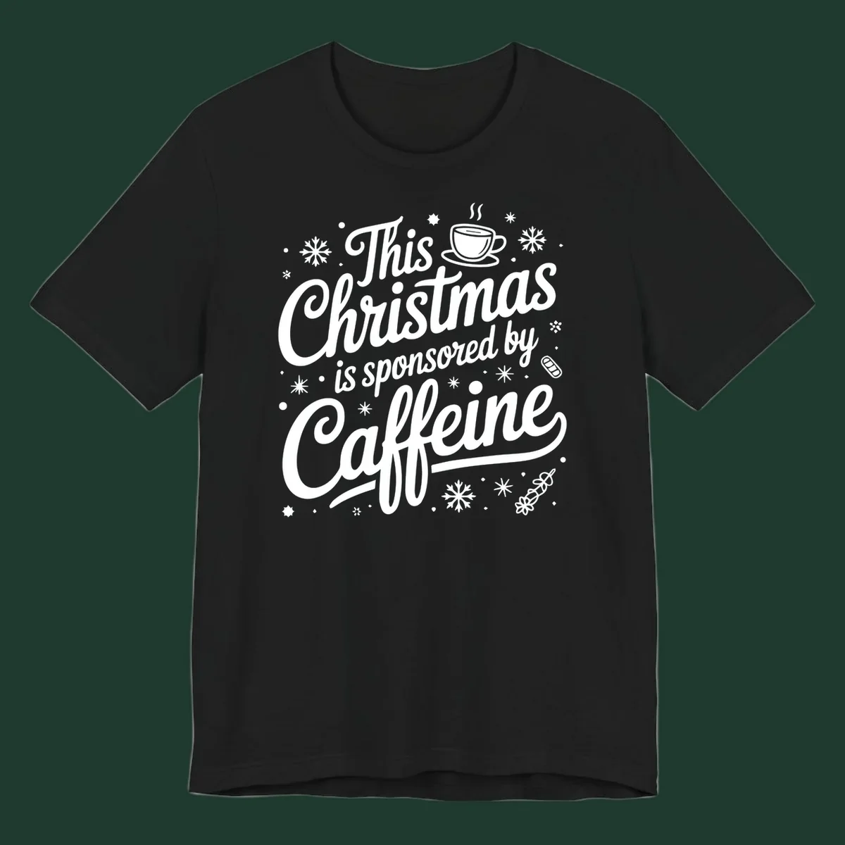 Christmas typography design with "This Christmas is sponsored by Caffeine" and holiday elements.