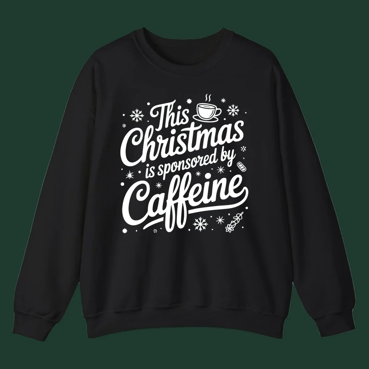 Christmas typography design with "This Christmas is sponsored by Caffeine" and holiday elements.