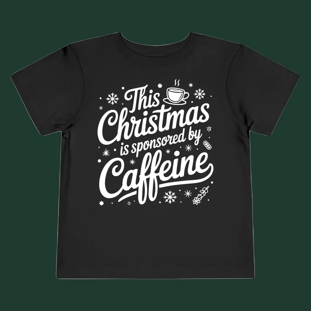 Christmas typography design with "This Christmas is sponsored by Caffeine" and holiday elements.