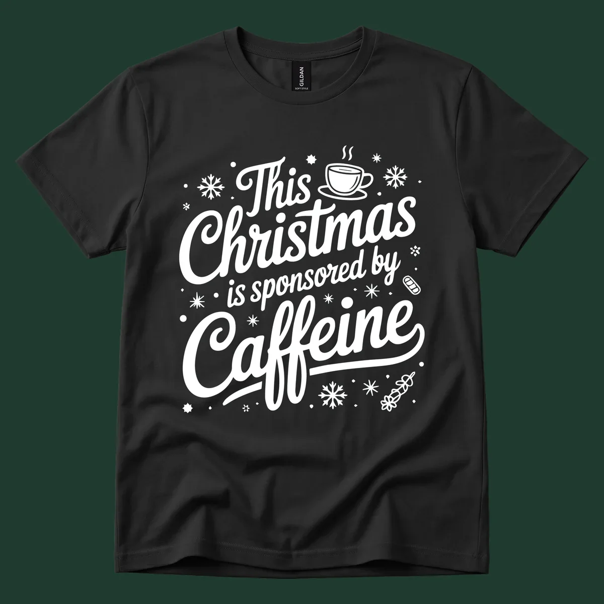 Christmas typography design with "This Christmas is sponsored by Caffeine" and holiday elements.