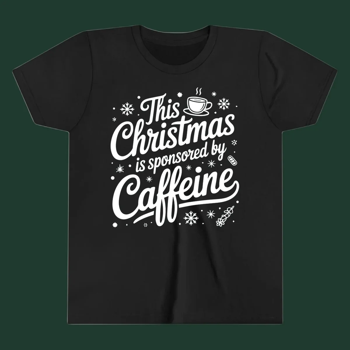 Christmas typography design with "This Christmas is sponsored by Caffeine" and holiday elements.