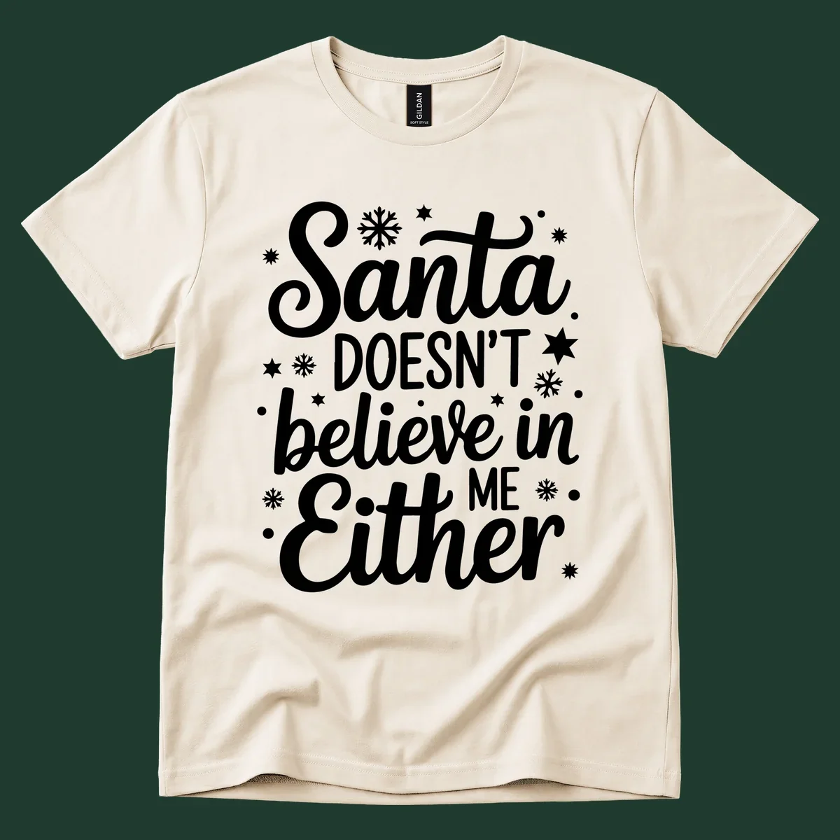 Typography design that reads Santa DOESN'T believe in ME Either, with snowflakes and stars.