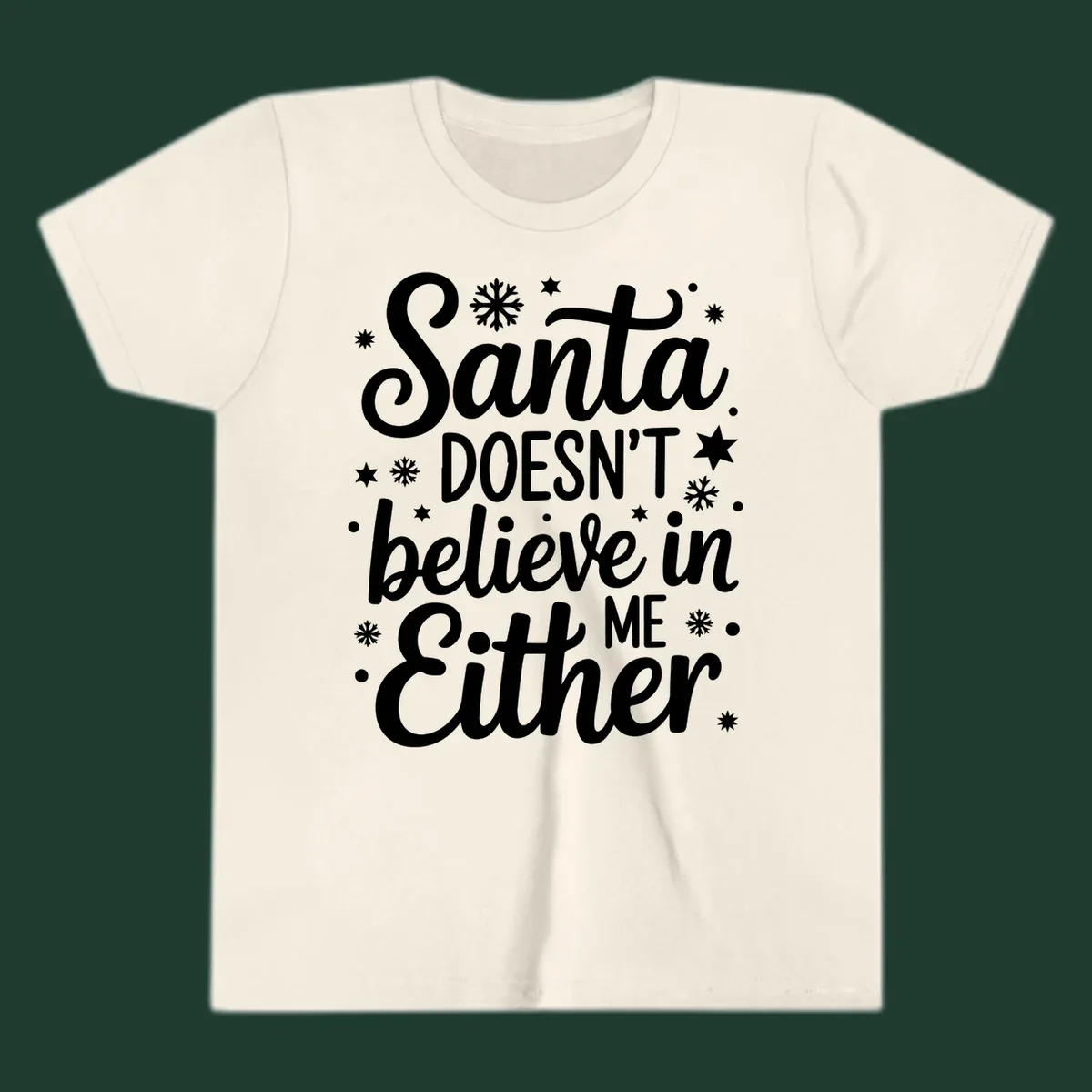 Typography design that reads Santa DOESN'T believe in ME Either, with snowflakes and stars.