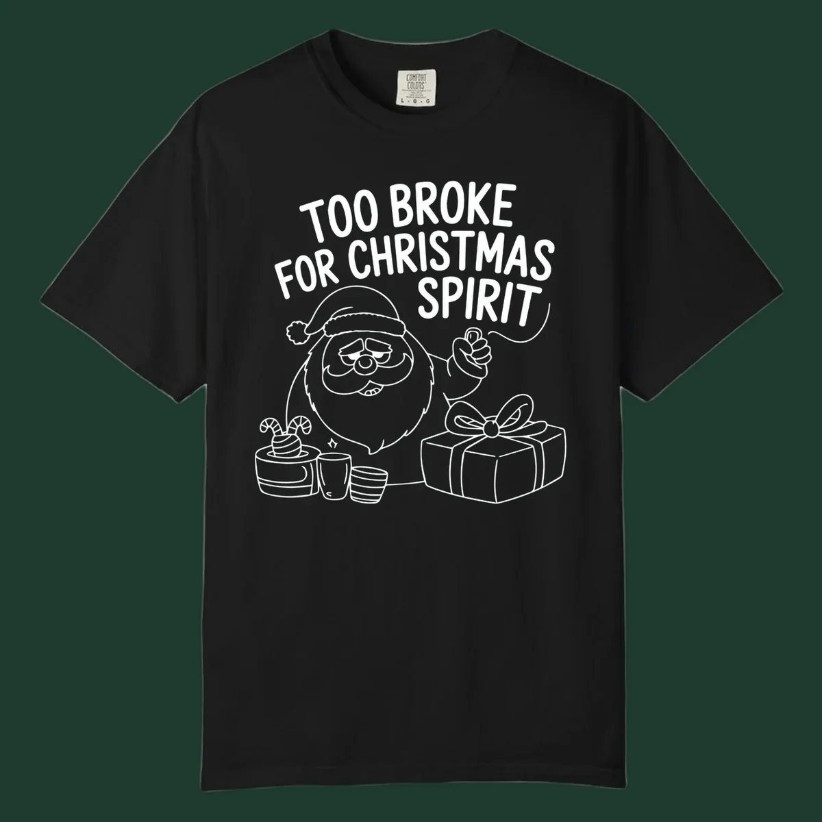 Too broke for Christmas spirit illustration with a sad Santa and gifts. 