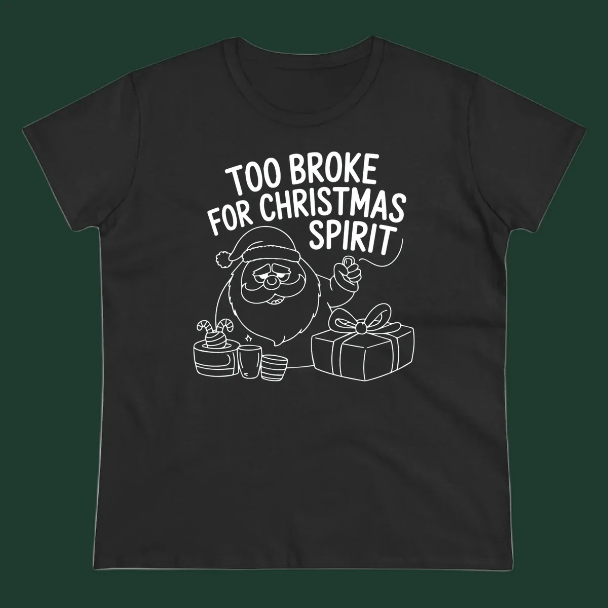 Too broke for Christmas spirit illustration with a sad Santa and gifts. 