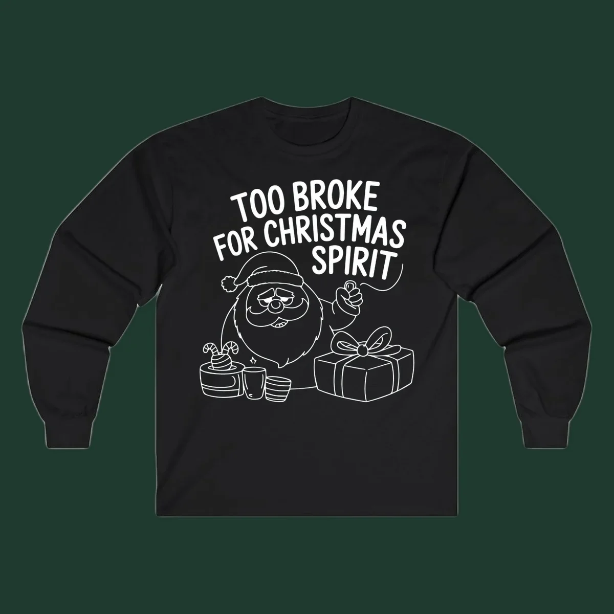 Too broke for Christmas spirit illustration with a sad Santa and gifts. 