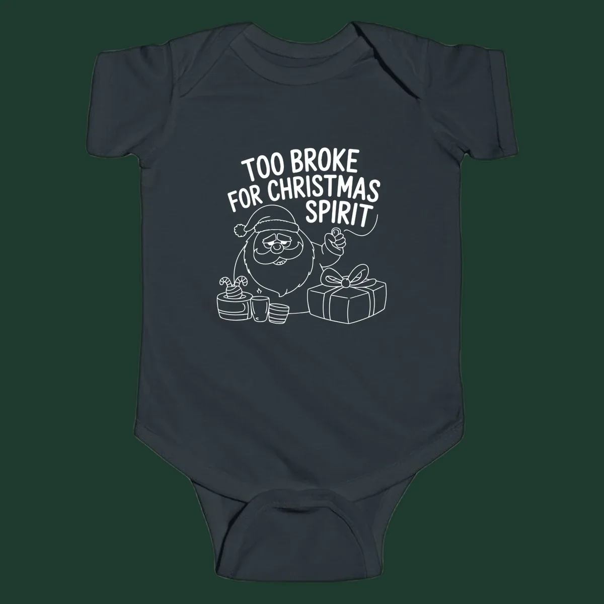 Too broke for Christmas spirit illustration with a sad Santa and gifts. 