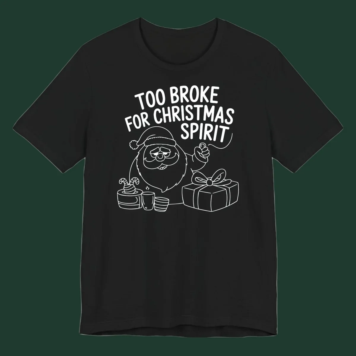 Too broke for Christmas spirit illustration with a sad Santa and gifts. 