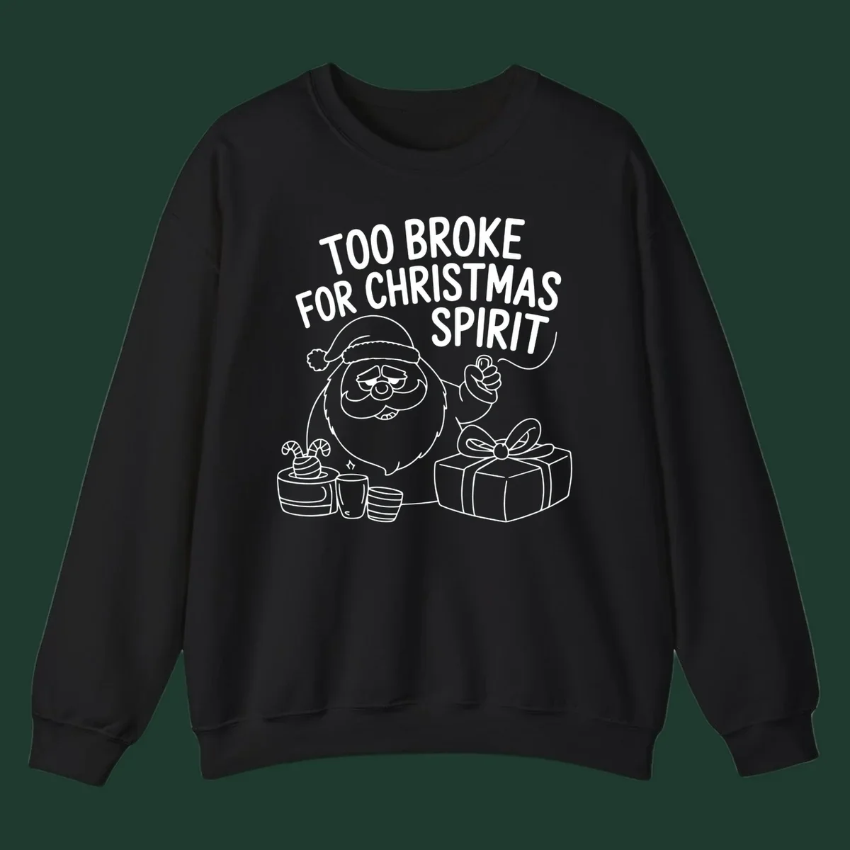 Too broke for Christmas spirit illustration with a sad Santa and gifts. 