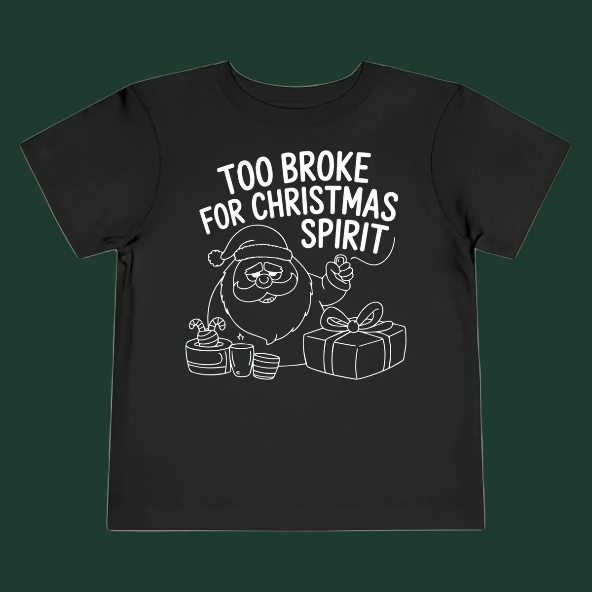 Too broke for Christmas spirit illustration with a sad Santa and gifts. 