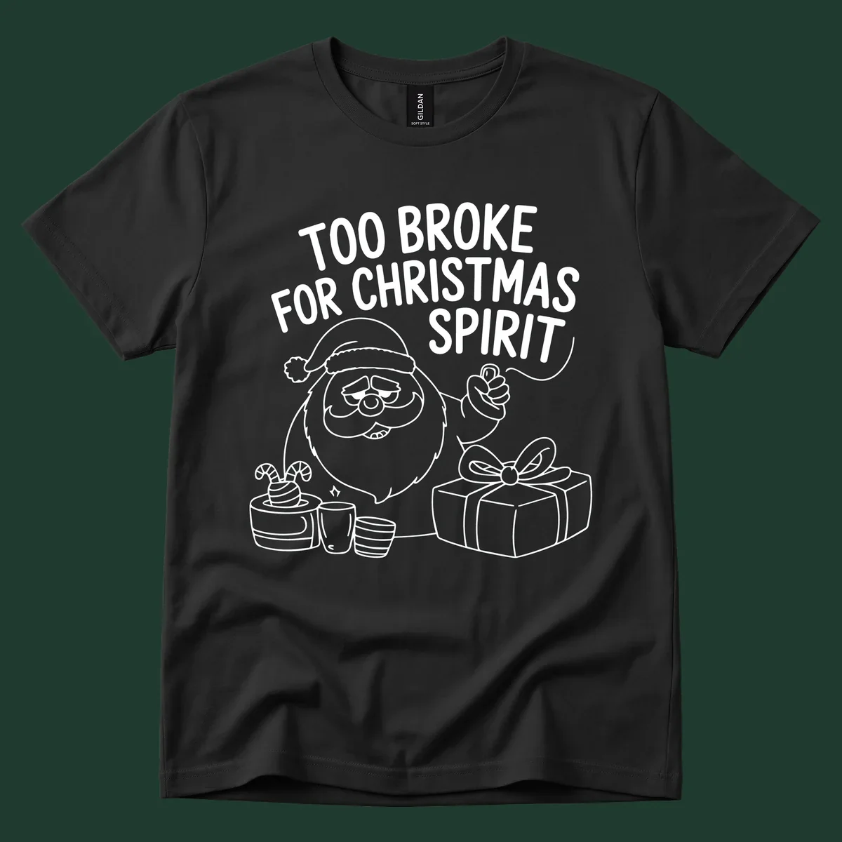 Too broke for Christmas spirit illustration with a sad Santa and gifts. 