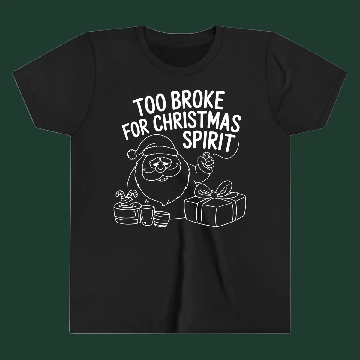 Too broke for Christmas spirit illustration with a sad Santa and gifts. 