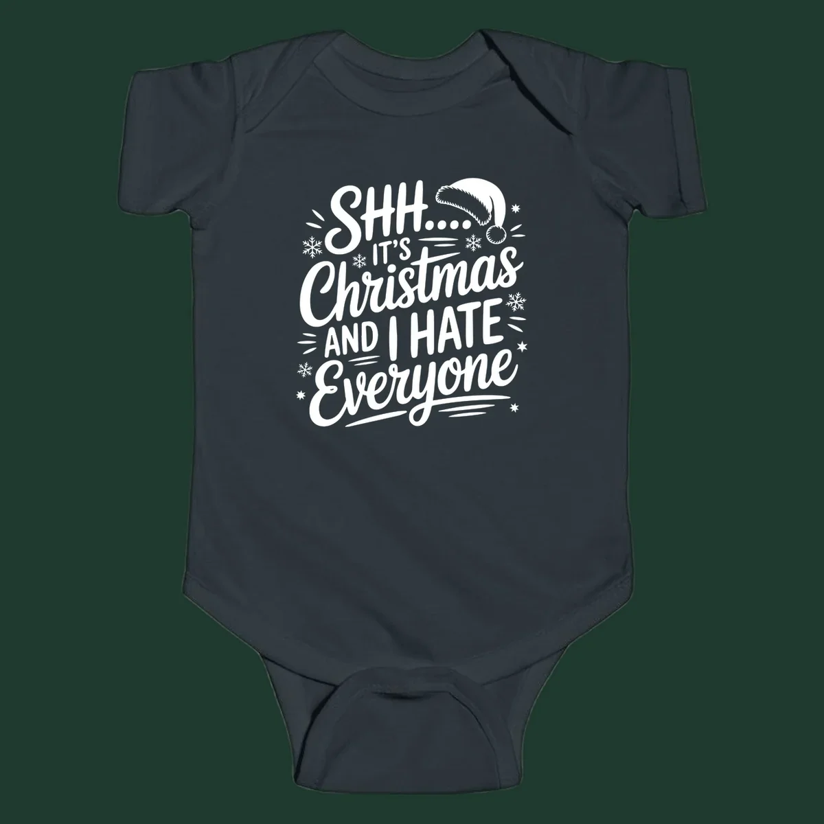 Shh it's Christmas And I Hate Everyone typography with Santa hat, snowflakes, and stars.