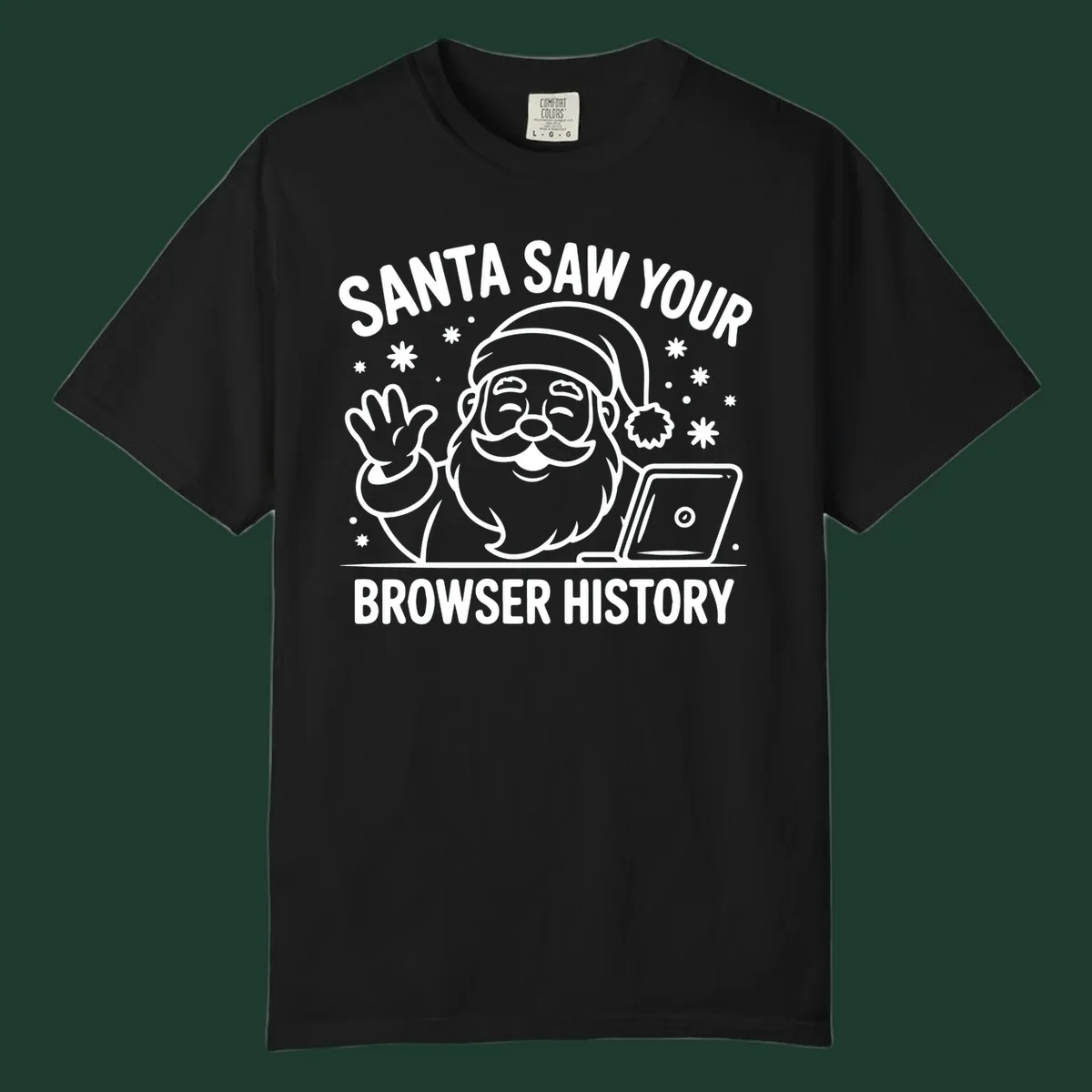 Santa Claus at a laptop with text "SANTA SAW YOUR BROWSER HISTORY"