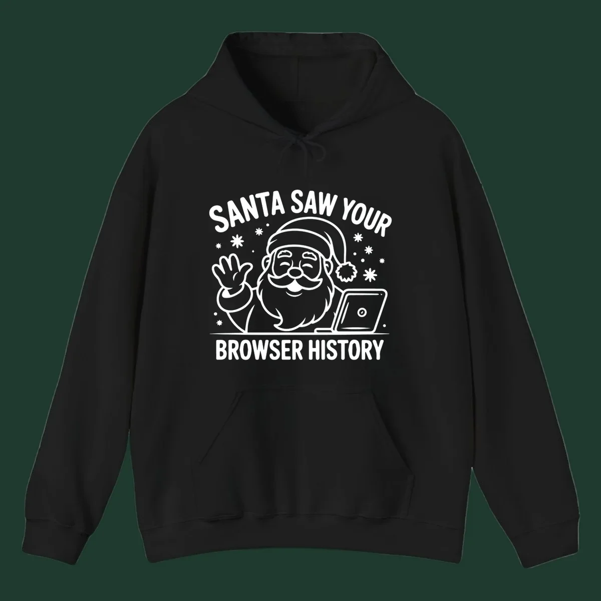 Santa Claus at a laptop with text "SANTA SAW YOUR BROWSER HISTORY"