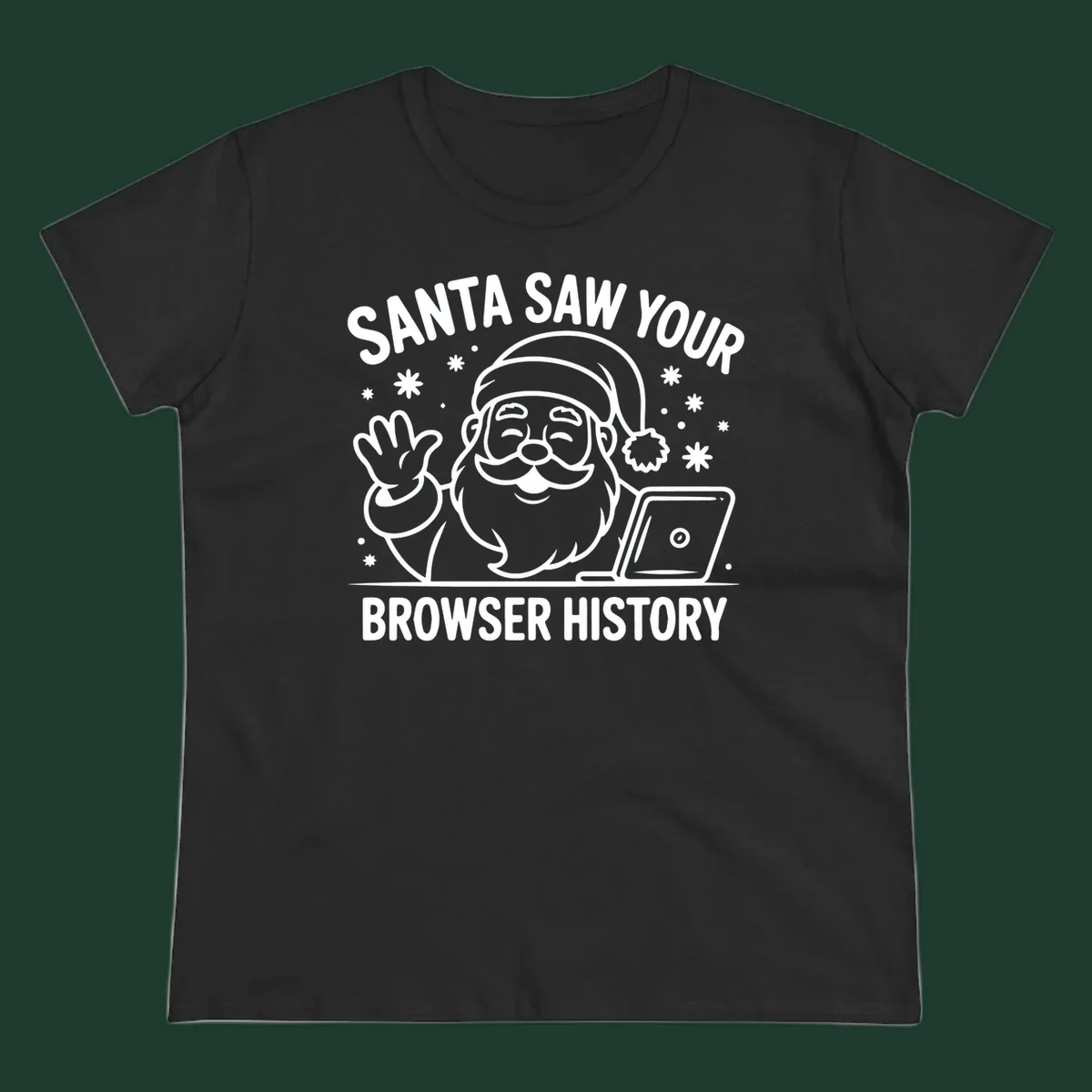 Santa Claus at a laptop with text "SANTA SAW YOUR BROWSER HISTORY"