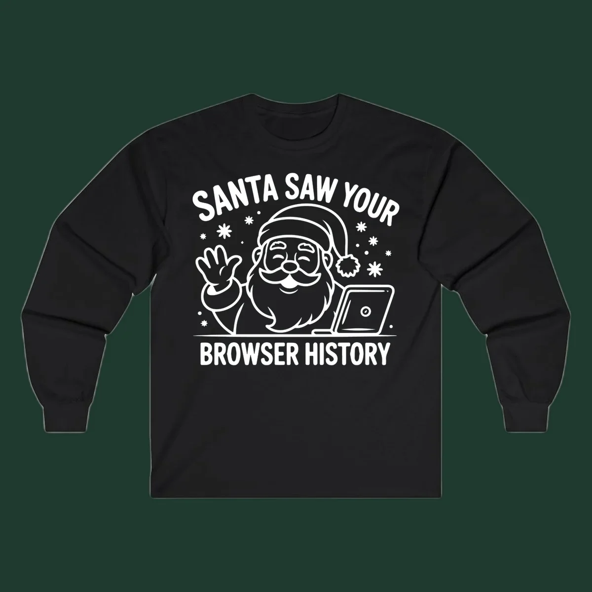 Santa Claus at a laptop with text "SANTA SAW YOUR BROWSER HISTORY"