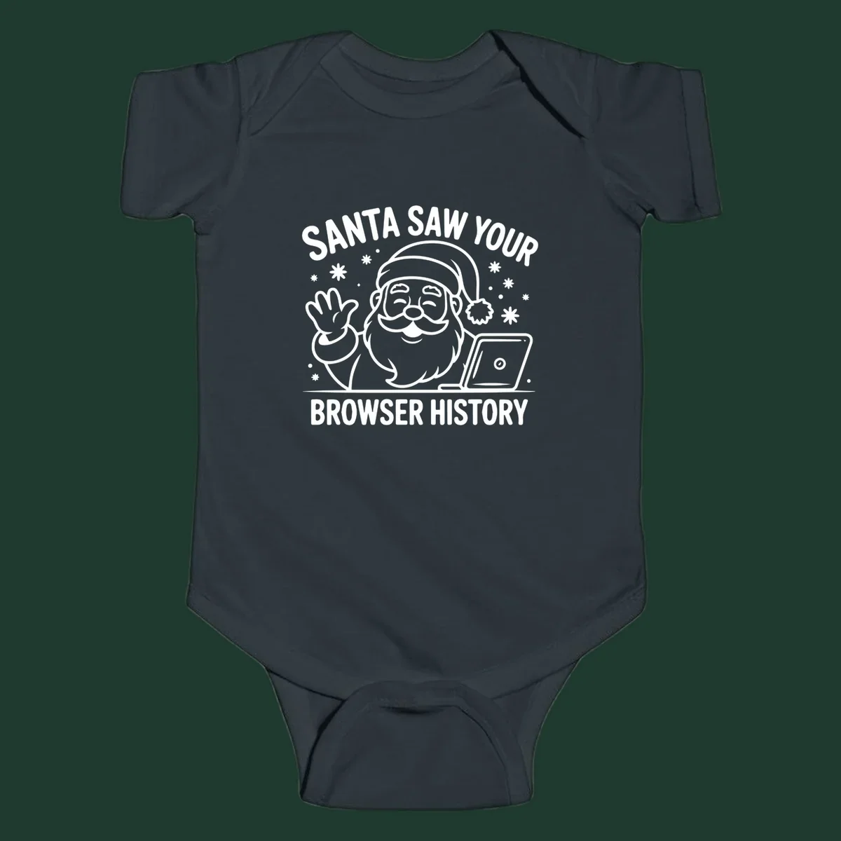 Santa Claus at a laptop with text "SANTA SAW YOUR BROWSER HISTORY"