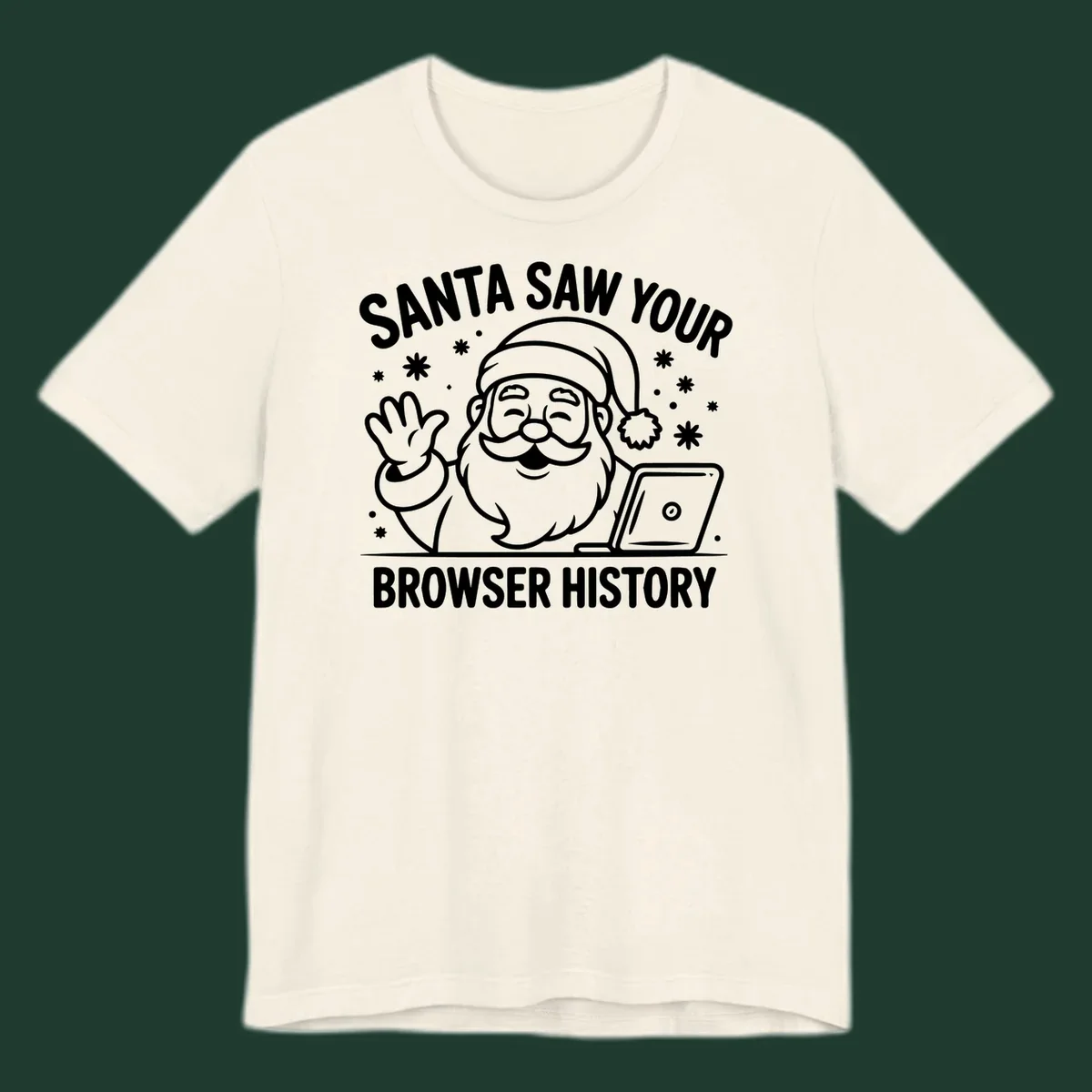 Santa Claus at a laptop with text "SANTA SAW YOUR BROWSER HISTORY"